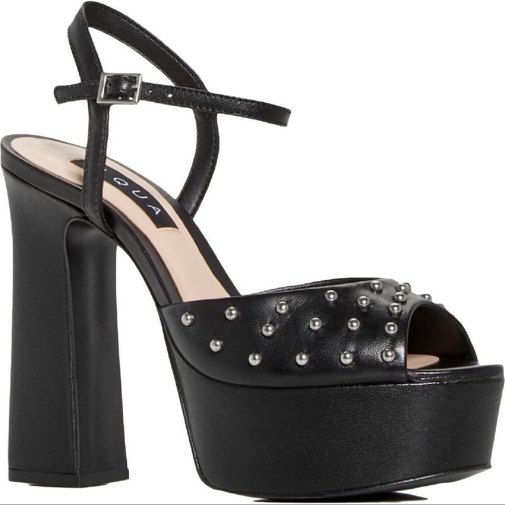 NEW Aqua Cullen Black Leather Studded Ankle Strap Heels Platform Sandals Size 6